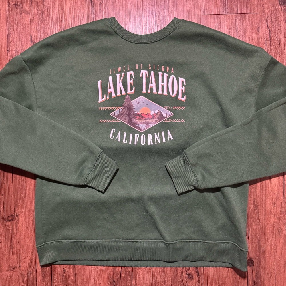 Green thrifted crewneck “Jewel of Sierra Lake Tahoe California” vintage sweater